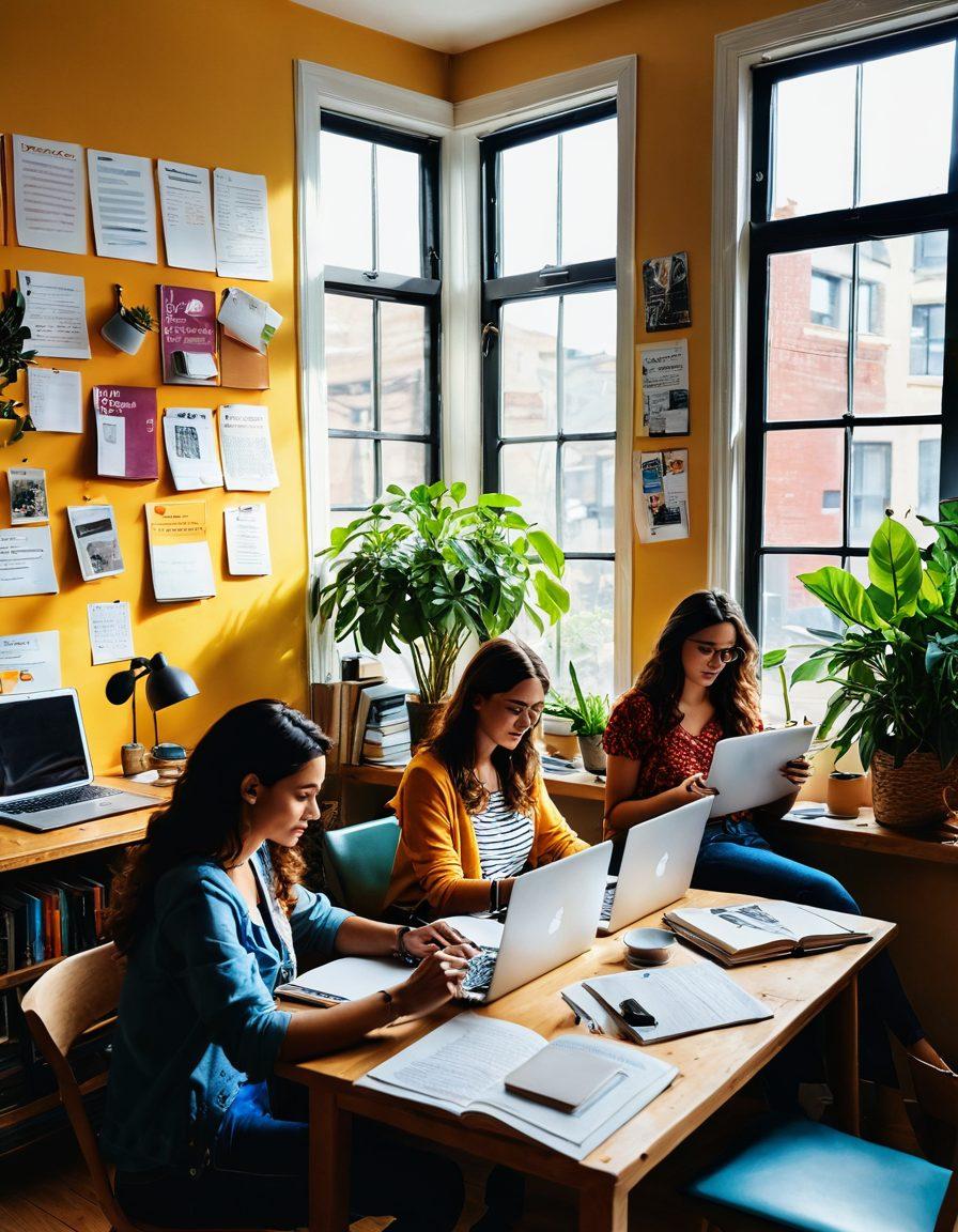 A vibrant scene depicting a diverse group of bloggers in a cozy workspace, engaged in writing on laptops, sharing ideas, and sipping coffee. The walls are filled with inspiring quotes about blogging, and a large window lets in warm sunlight illuminating colorful books and plants. A visual representation of a digital journal with pages turning in the air and icons for social media and community interaction. super-realistic. bright colors. cozy atmosphere.