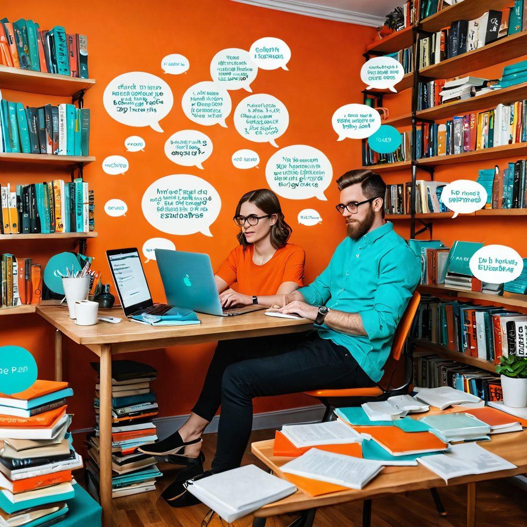 A vibrant workspace featuring a writer at a desk surrounded by books and a laptop, with floating text bubbles showcasing engaging blog post ideas and illustrations of readers captivated by content on digital devices. The atmosphere is warm and inspiring, filled with bright colors like orange and teal to evoke creativity. super-realistic. vibrant colors. cozy background.
