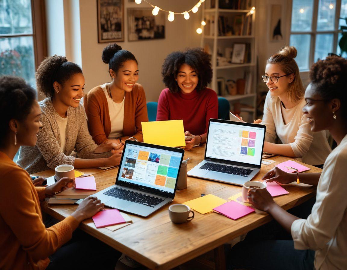 A diverse group of bloggers engaged in a lively discussion around a virtual roundtable, showcasing laptops and digital devices. Each blogger has a unique style representing different cultures and backgrounds, surrounded by symbols of creativity like books, coffee cups, and colorful post-it notes. The ambiance is warm and inviting, suggesting camaraderie and support. Soft, glowing lights add to the community feel. vibrant colors. digital art.